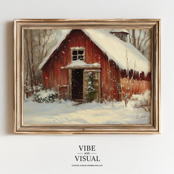 Rustic Red Barn In Winter Snow Cozy Farmhouse Moody Vintage Landscape Wall Art Seasonal Scene 280