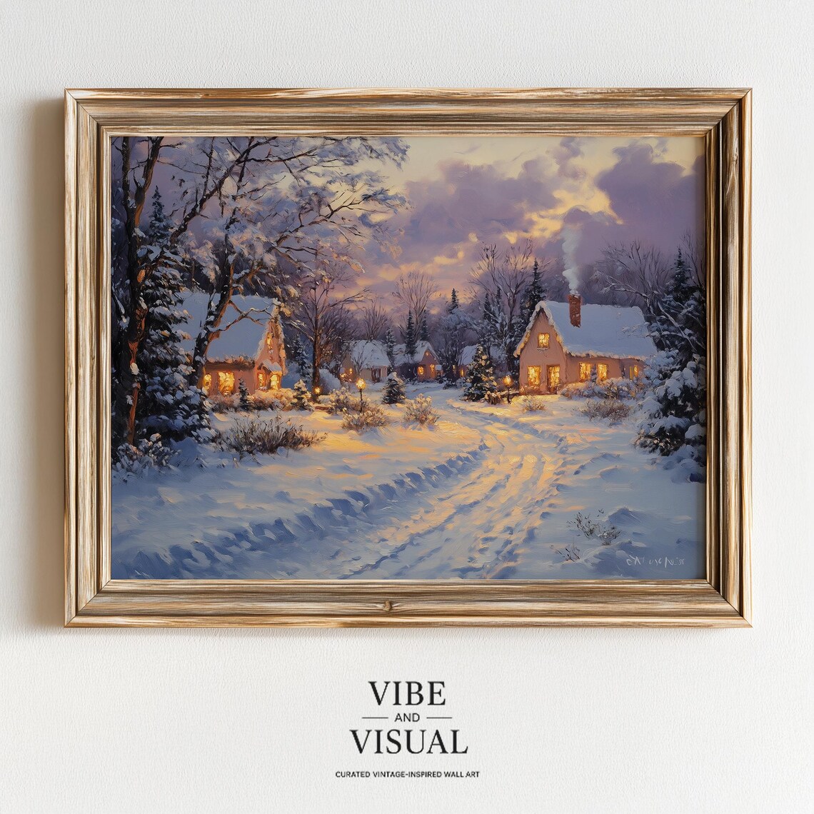 Snowy Village Cottages Purple Twilight Glowing Windows Winter Art Poster