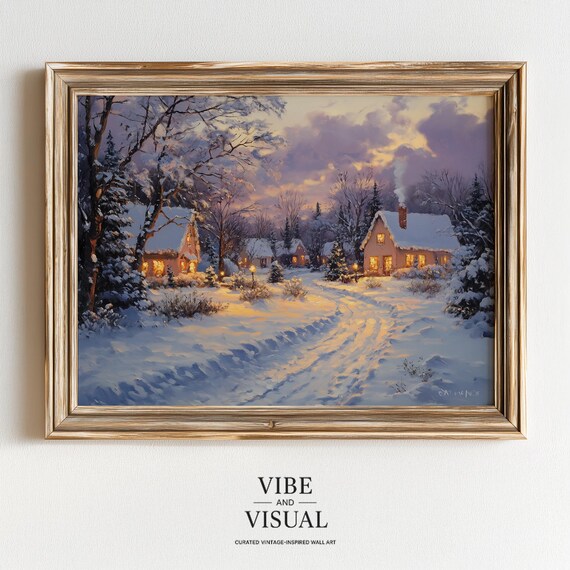 Snowy Village Cottages Purple Twilight Glowing Windows Winter Art Poster