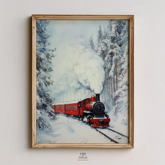 Vintage Red Steam Locomotive In Snowy Forest Winter Wall Art Cozy Train Scene Rustic Holiday Decor 90