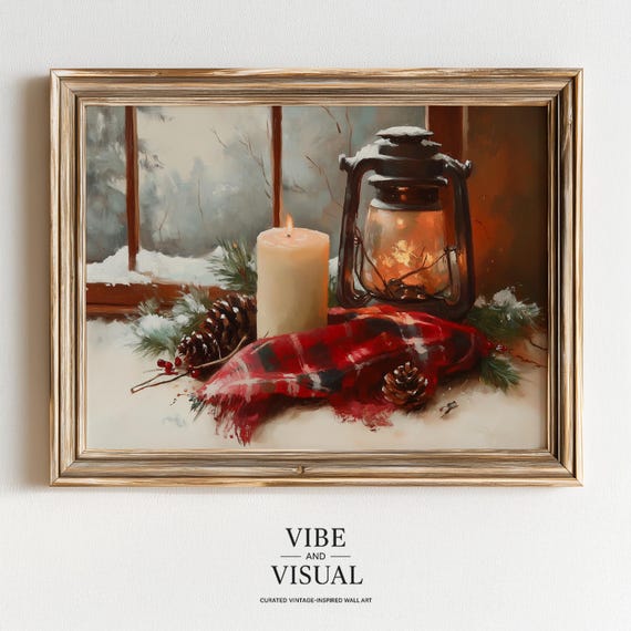 Cozy Winter Lantern Candle Still Life Rustic Holiday Window Scene Glowing Light Snowy Pinecones Farmhouse Art 324