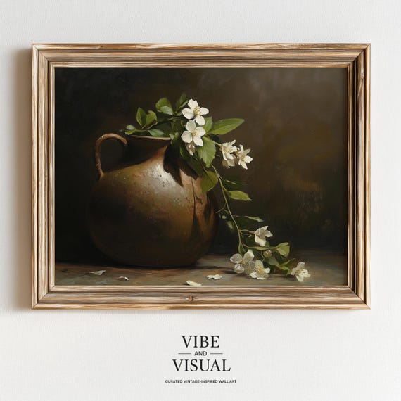 Rustic Still Life Antique Brown Jug With Wilted Greenery Moody Vintage Wall Art Farmhouse Decor 208