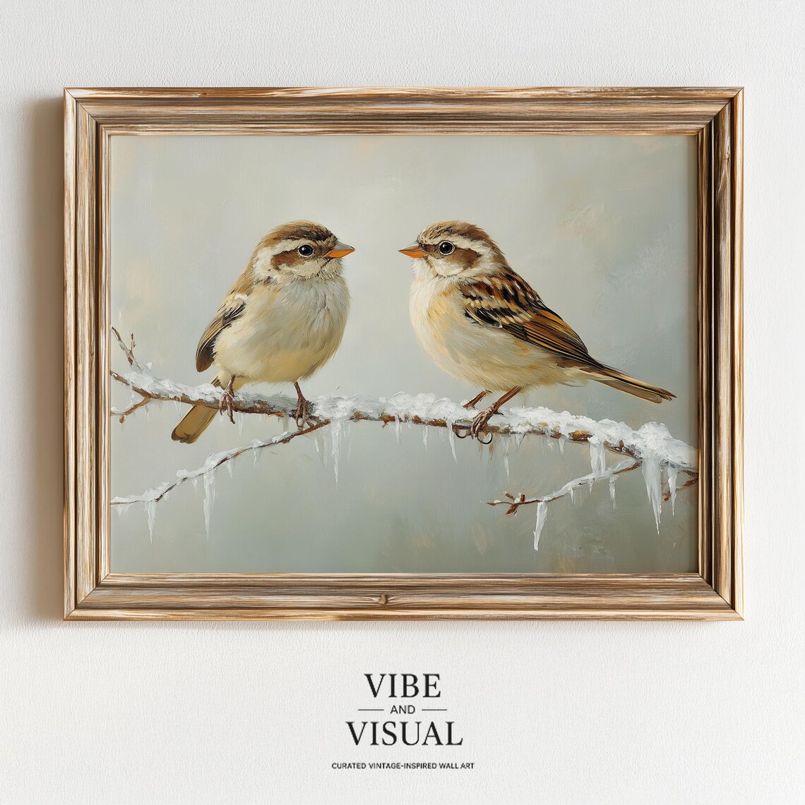 Two Sparrows on Frosty Branch Winter Birds Vintage Painting Poster