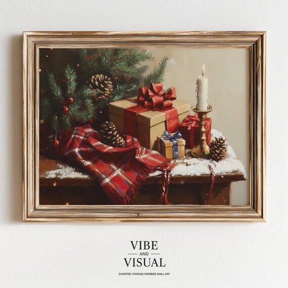 Cozy Christmas Still Life Gifts Candle And Pinecones Vintage Painting Poster