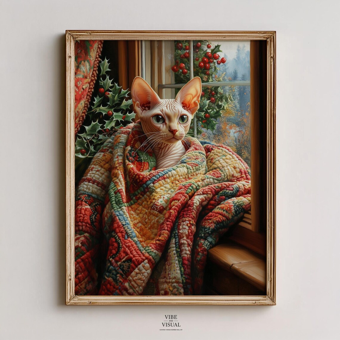Sphynx Cat Wrapped in Vintage Christmas Quilt Cozy Holiday Poster