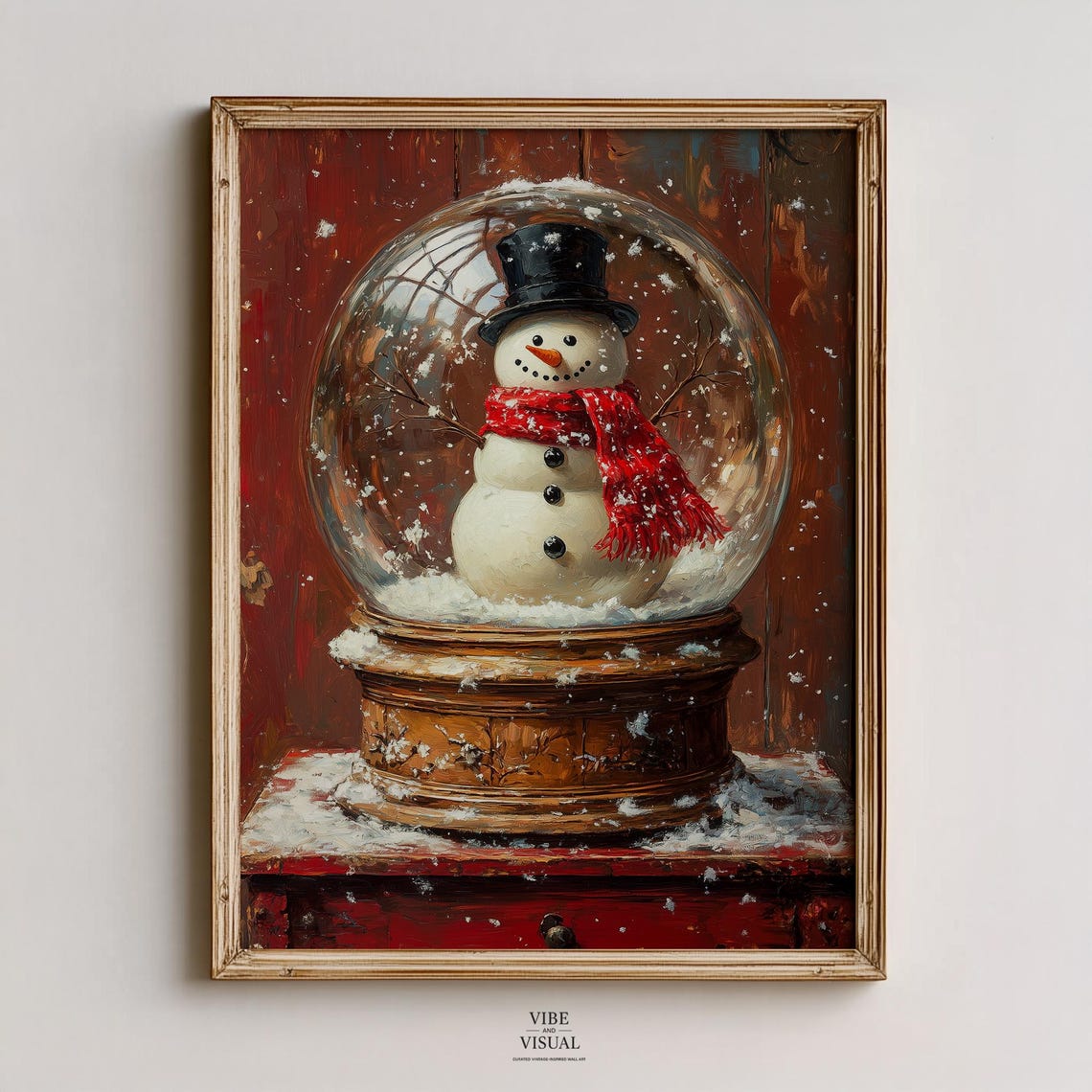 Snowman in Glass Snow Globe Rustic Red Wood Christmas Art Poster