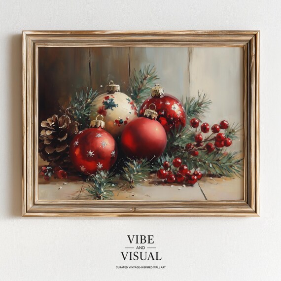 Vintage Red Christmas Ornaments Pine Berries Holiday Art Poster