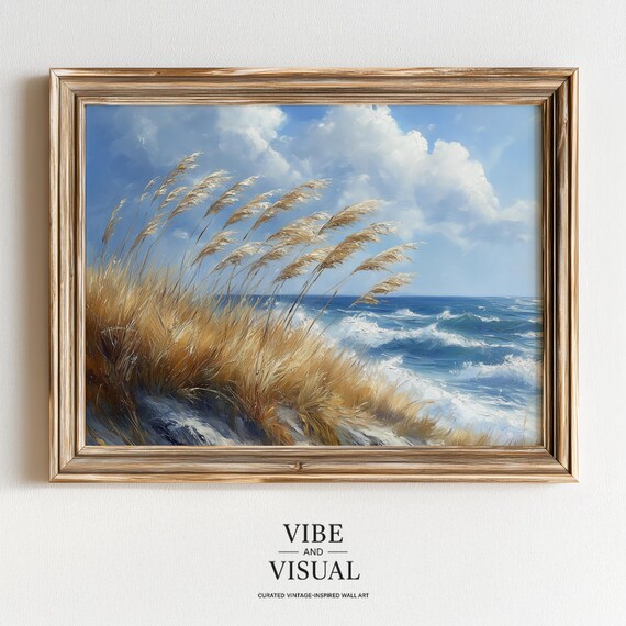Moody November Coastline Art Rustic Seascape With Golden Seagrass Vintage Nautical Decor Choppy Waves Instant 149