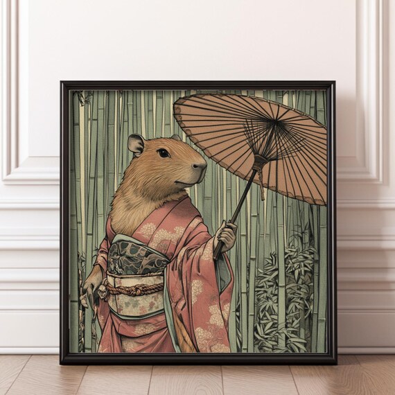 Capybara Kimono Parasol Bamboo Forest Funny Japanese Animal Poster