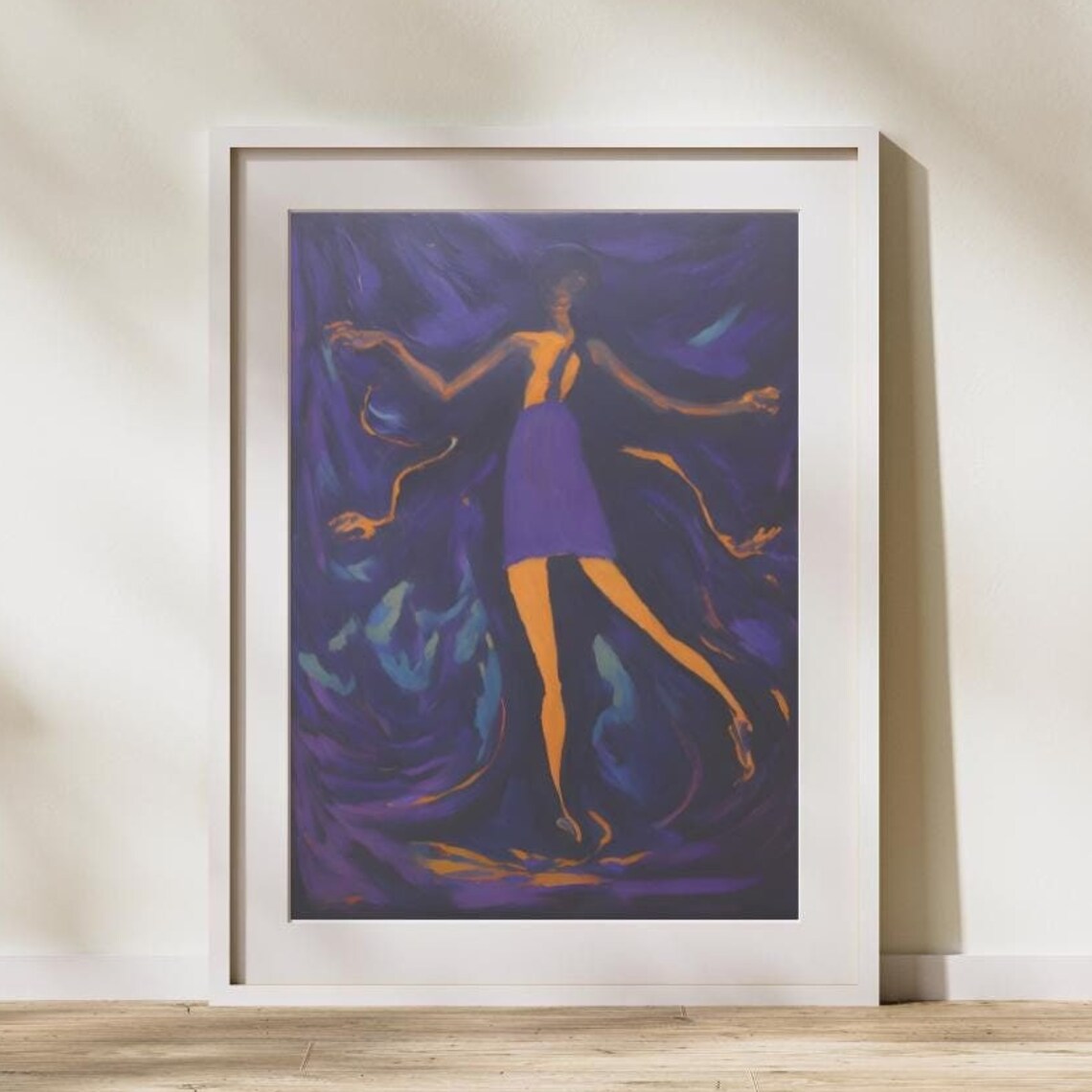 Elegant Dancer in Purple Dress Against Midnight Violet Art Poster - Image 3