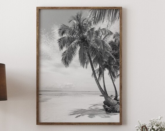 Black White Palm Trees Tropical Beach Coastal Photography Poster