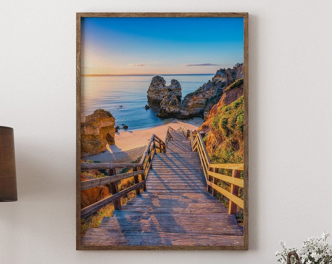 Algarve Portugal Coastal Cliffs Beach Stairs Sunset Photography Poster