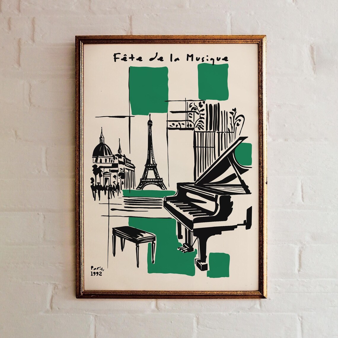 Fête de la Musique Paris 1992 Green Grand Piano Cathedral Poster