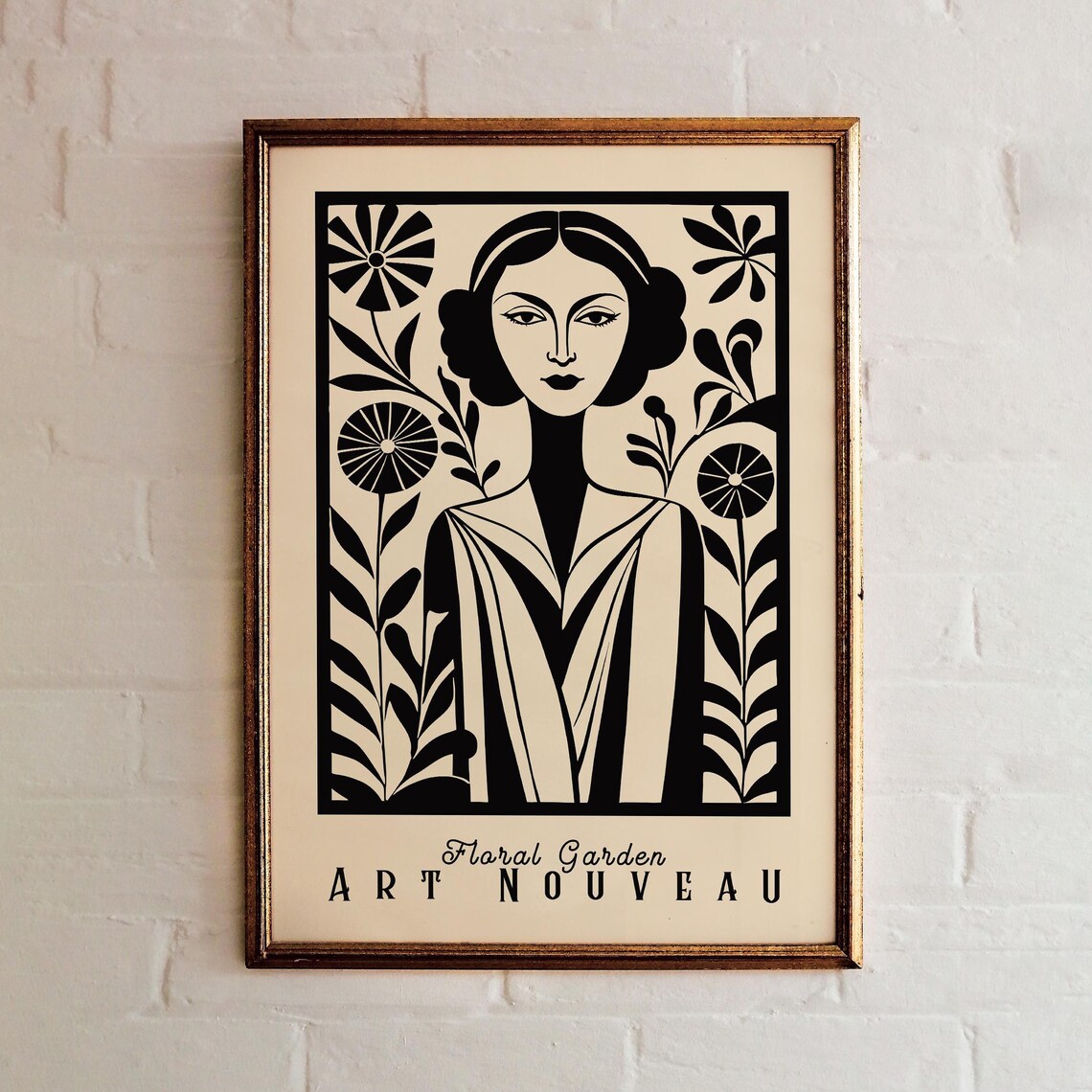 Art Nouveau Floral Garden Woman Poster Vintage Black Beige Wall Art Print Retro Botanical Lady Illustration Elegant Home Decoration