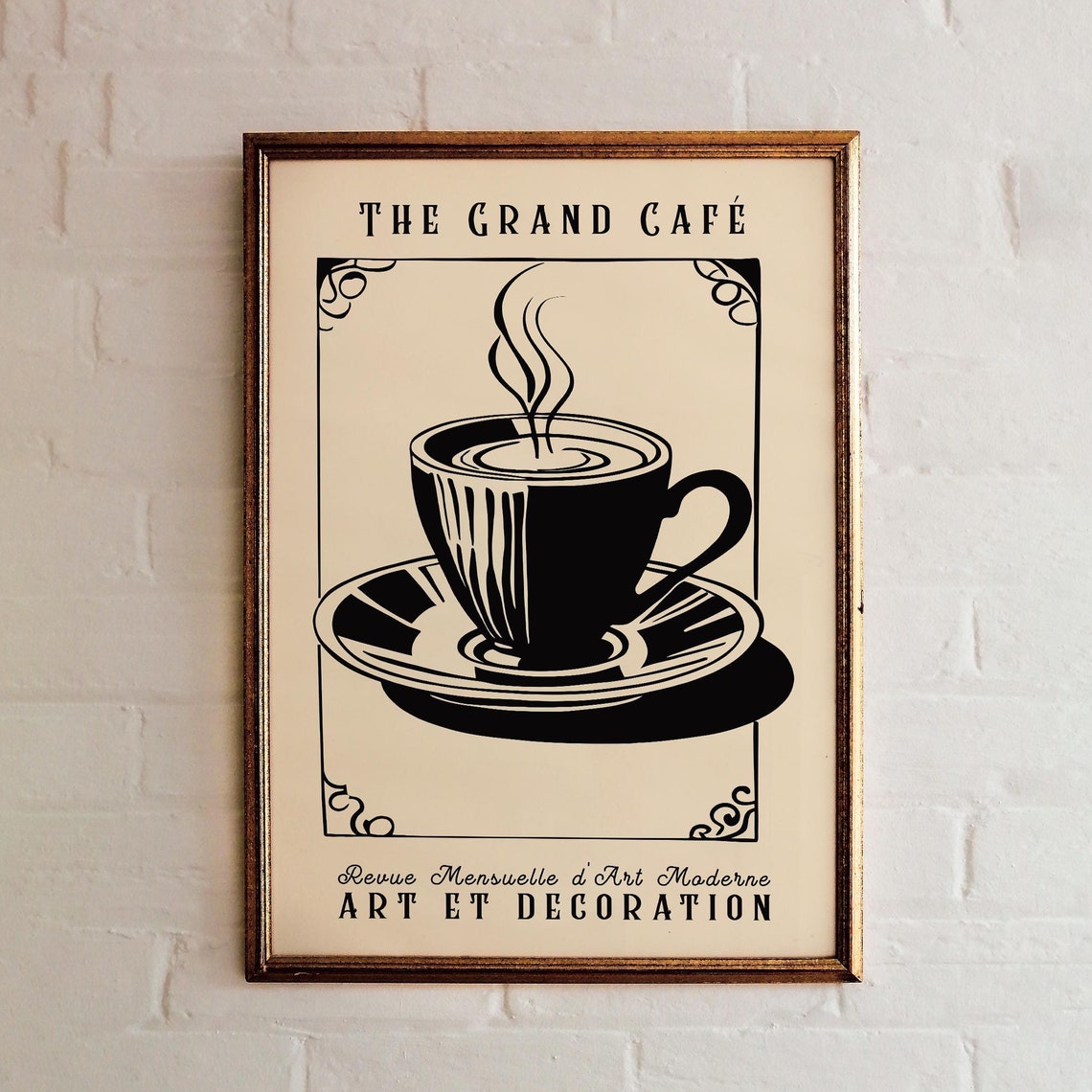 The Grand Cafe Art Deco Coffee Cup Beige Black Vintage Style Poster