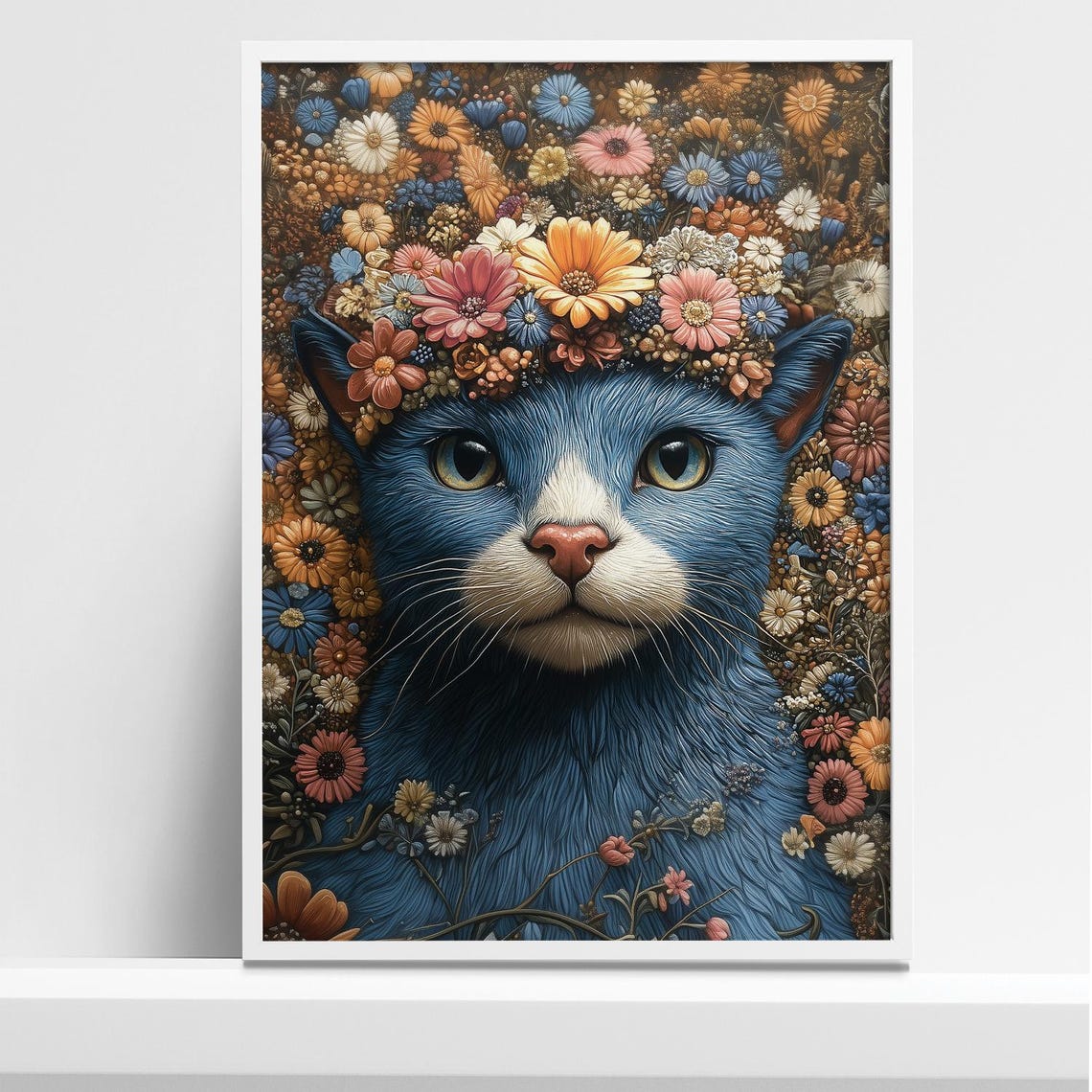 Blue Cat With Flower Crown Surrounded by Blooming Flowers Poster