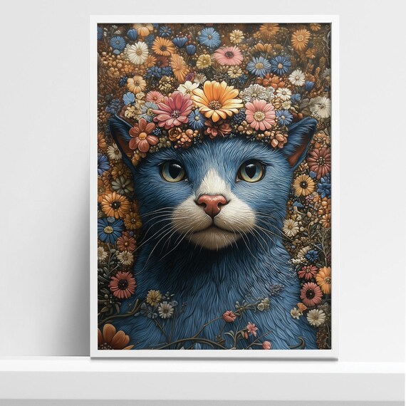 Blue Cat With Flower Crown Surrounded by Blooming Flowers Poster