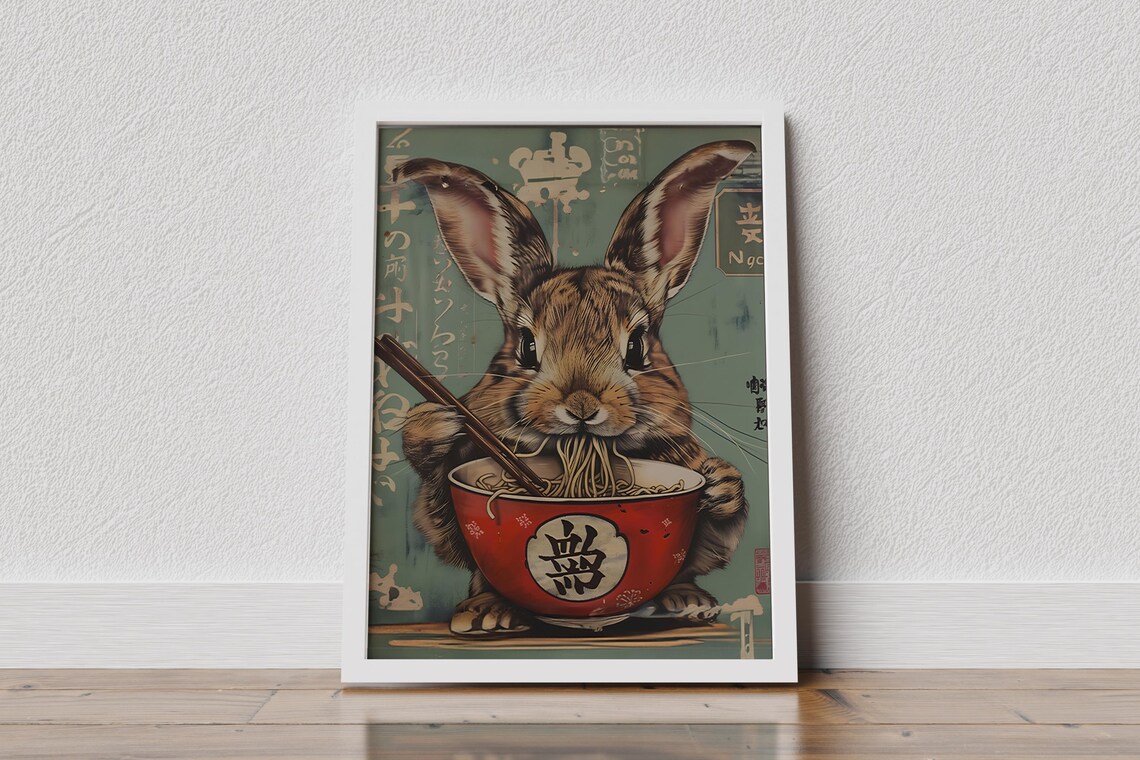 Cute Bunny Eating Ramen Poster, Kawaii Animal Art Print - Image 2