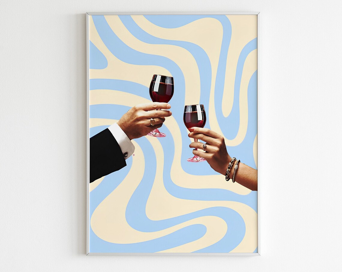 Wine Toast Clinking Red Wine Glasses Modern Retro Bar Cart Wall Art