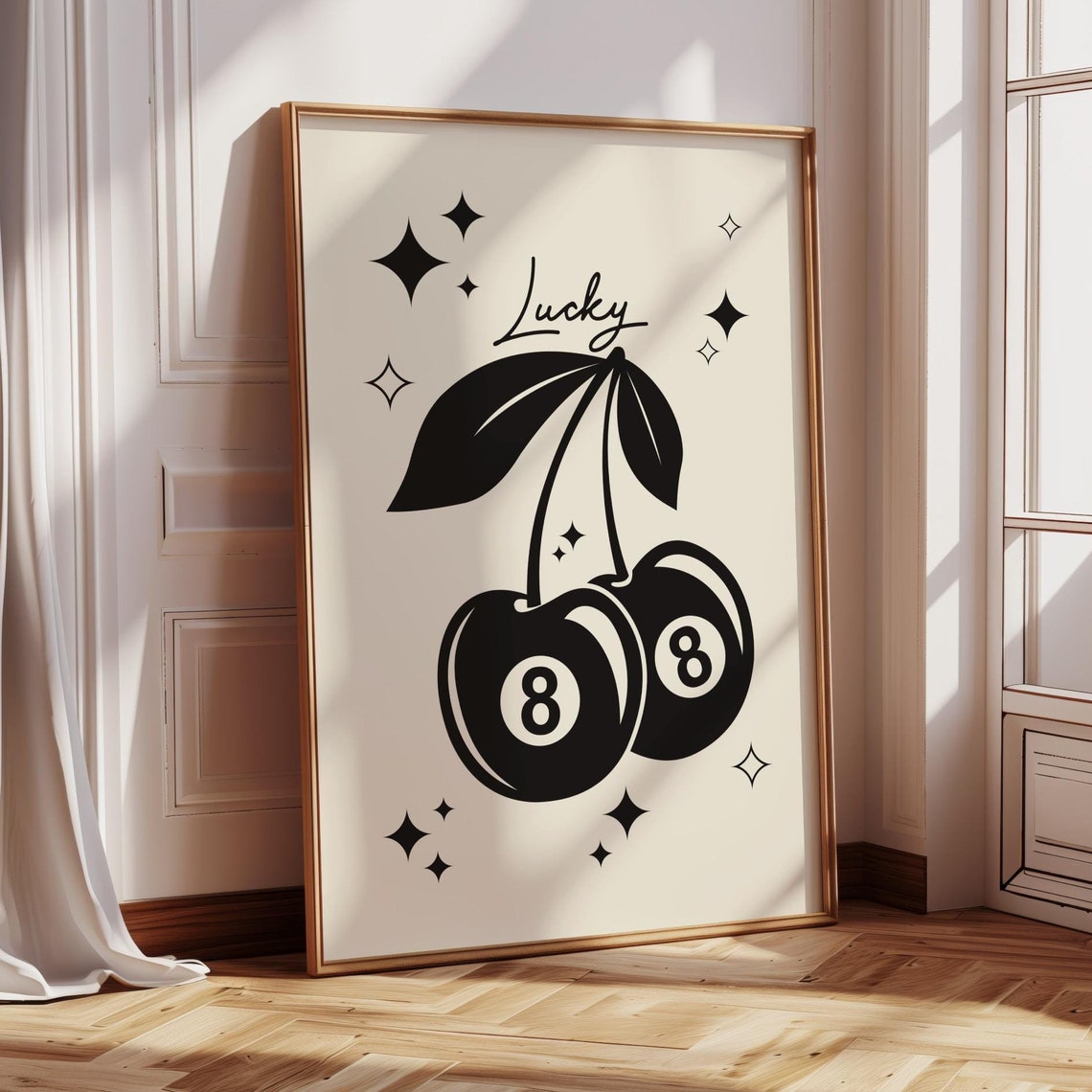 Lucky Black 8 Ball Cherries Sparkle Retro Casino Wall Decor Poster