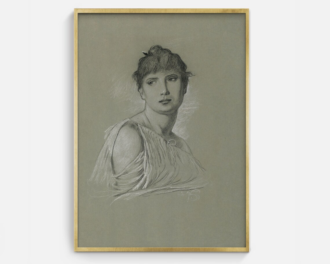Vintage Minimalist Woman Portrait Sketch Art Print
