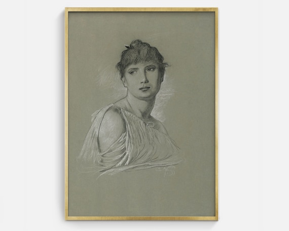 Vintage Minimalist Woman Portrait Sketch Art Print