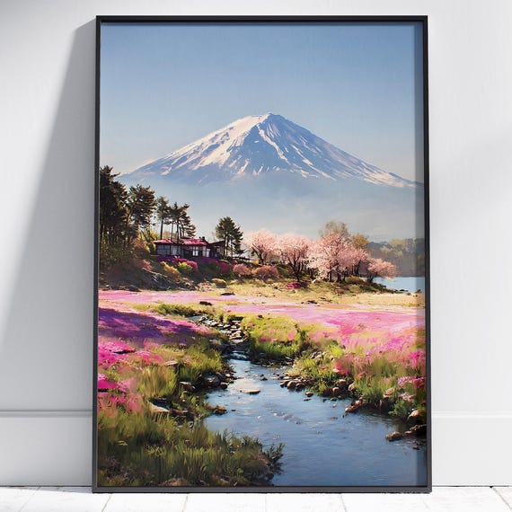Mount Fuji Art Print Travel Poster Cherry Blossom Decor Painting