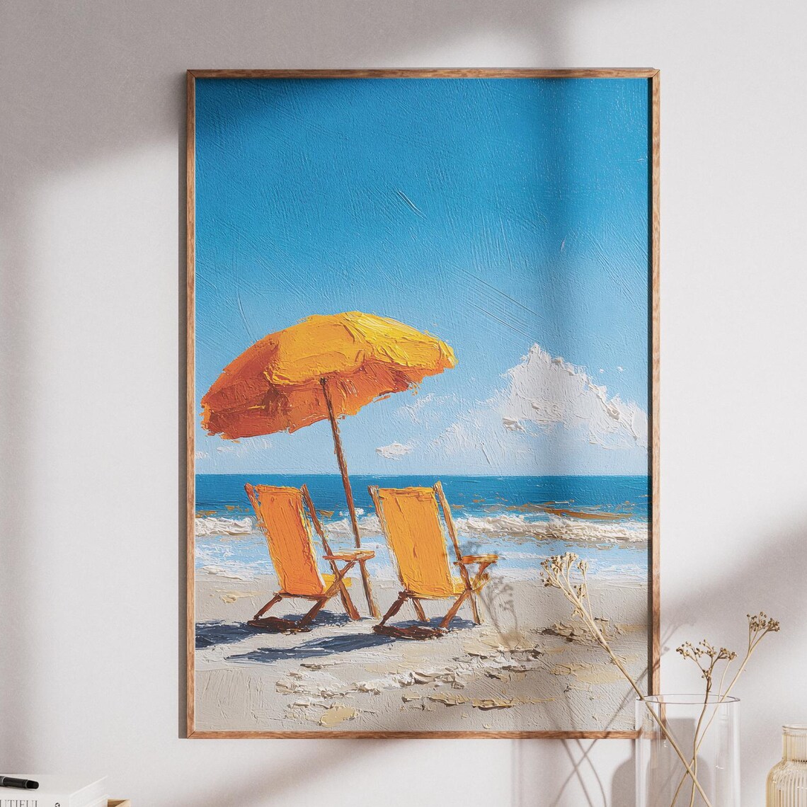 Orange Umbrella Beach Chairs Coastal Ocean Impasto Painting Poster