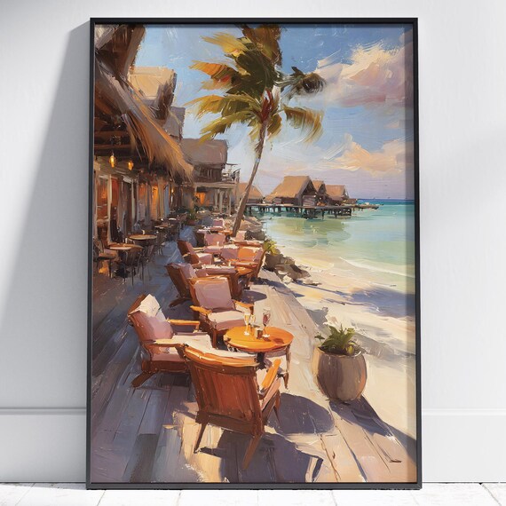 Maldives Resort Art Print Overwater Bungalow Painting Tropical Island Wall Beach Bar Decor