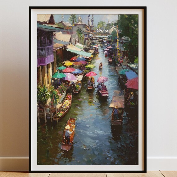 Thai Floating Market Print Bangkok Canal Wall Art Southeast Asia Cityscape Painting Colorful Travel Poster