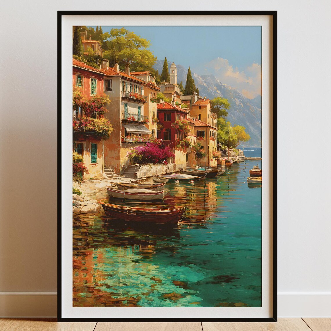 Lake Como Italy Lakeside Village Boats Colorful Painting Poster