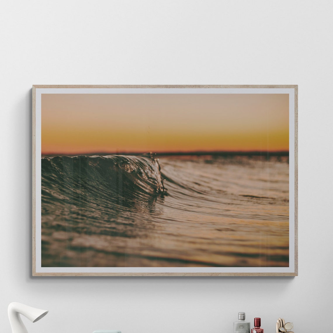Ocean Wave Sunset Photography Poster in Warm Pastel Coastal Tones