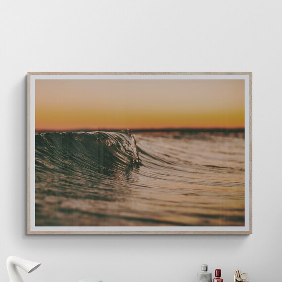 Ocean Wave Sunset Photography Poster in Warm Pastel Coastal Tones