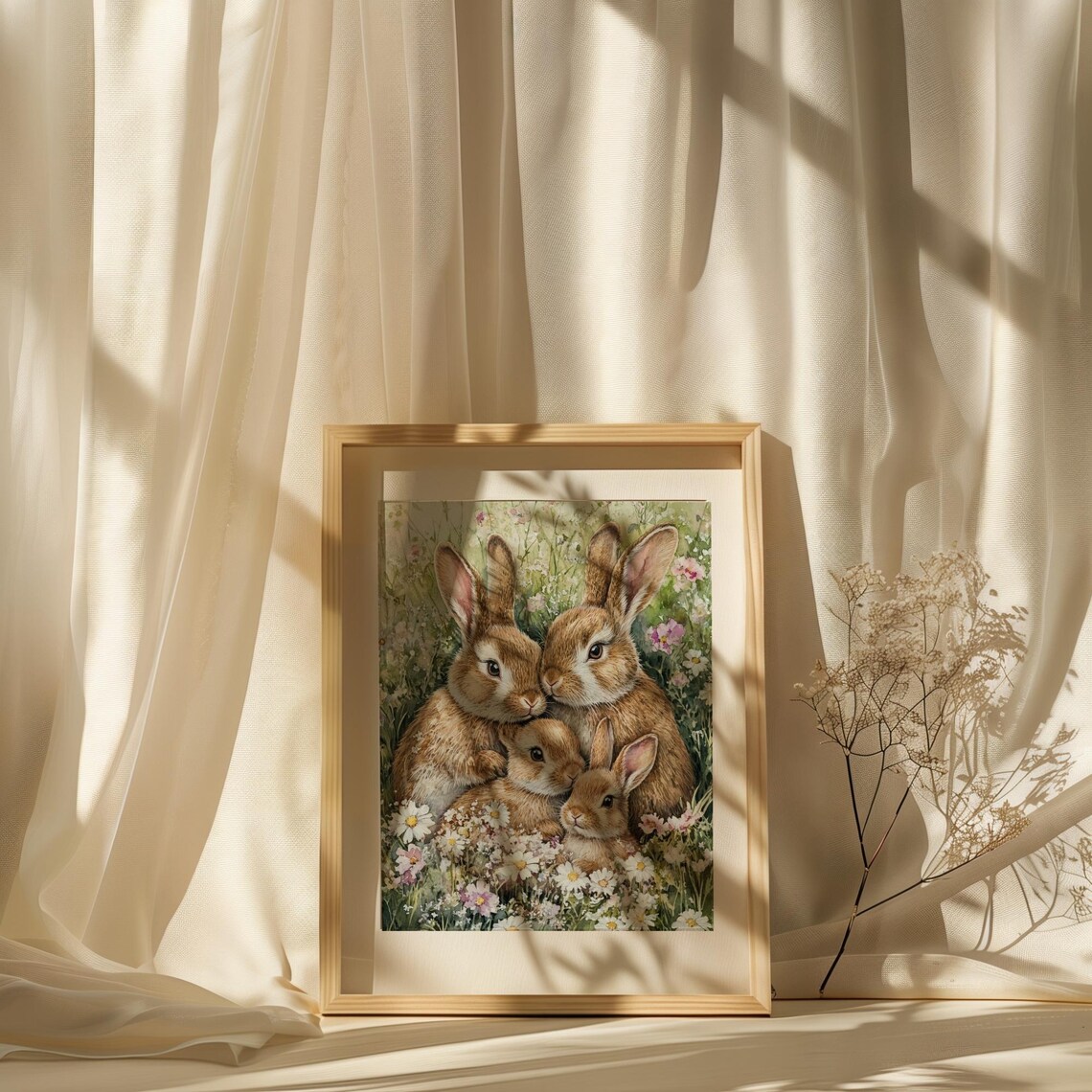 Watercolor Bunny Family Among Wildflowers Rabbits Nursery Art Poster - Image 4