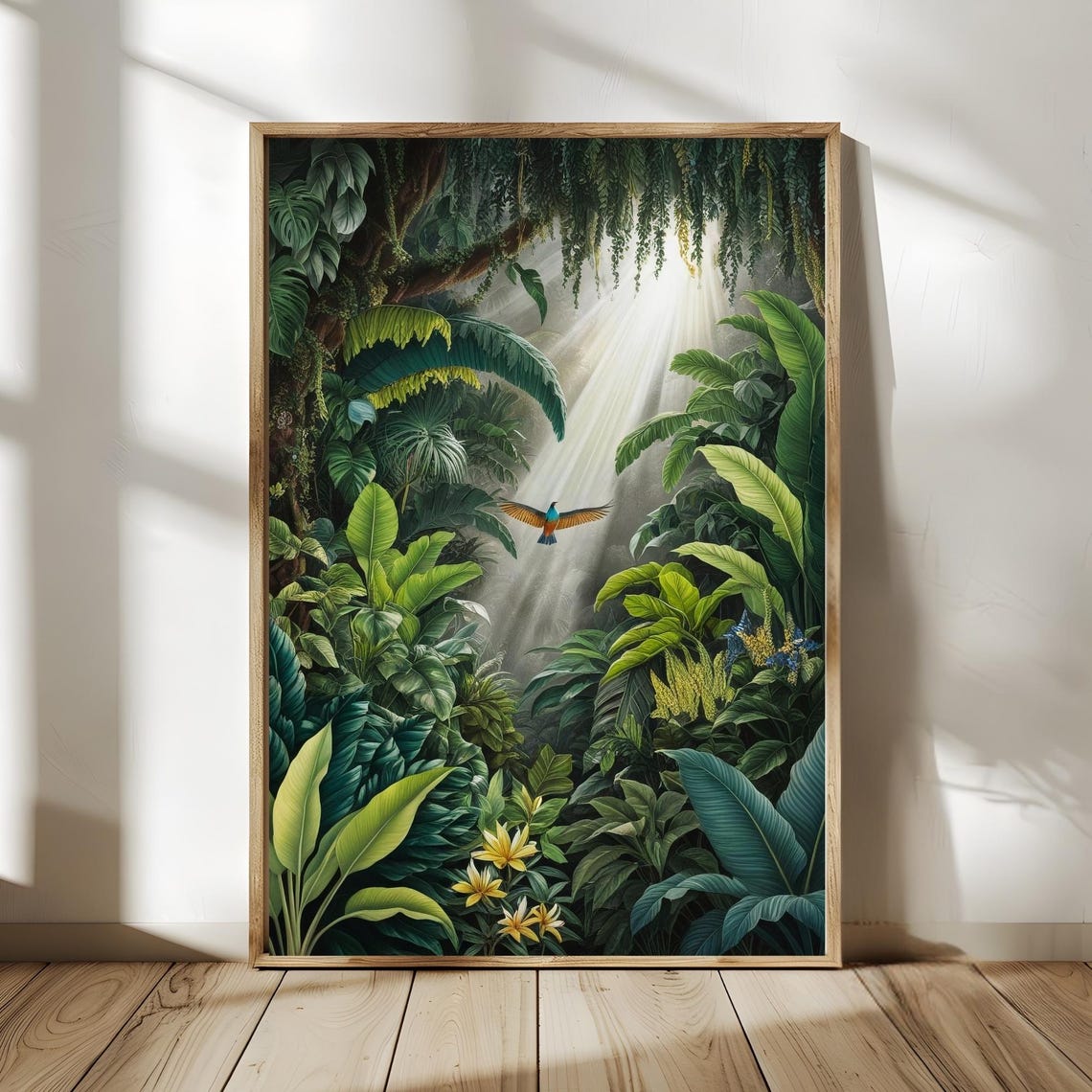 Tropical Jungle Sunbeams Flying Bird Lush Botanical Wall Poster