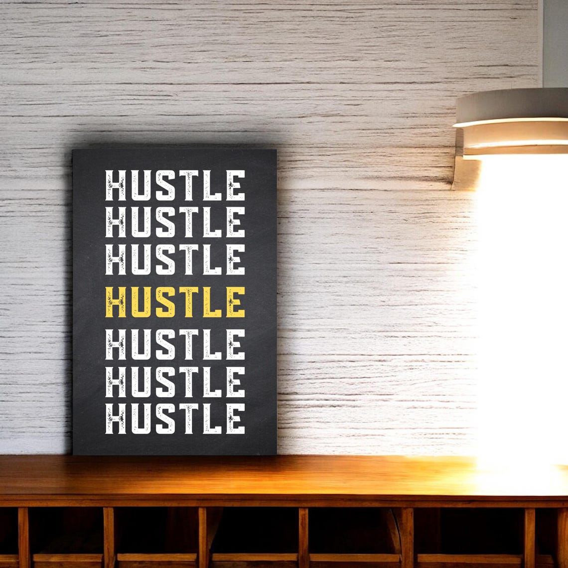 Hustle Repeated Stacked Text Gold Highlight Distressed Black Poster
