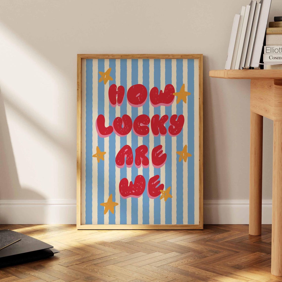 Fun How Lucky Are We Playful Retro Striped Bubble Letter Poster