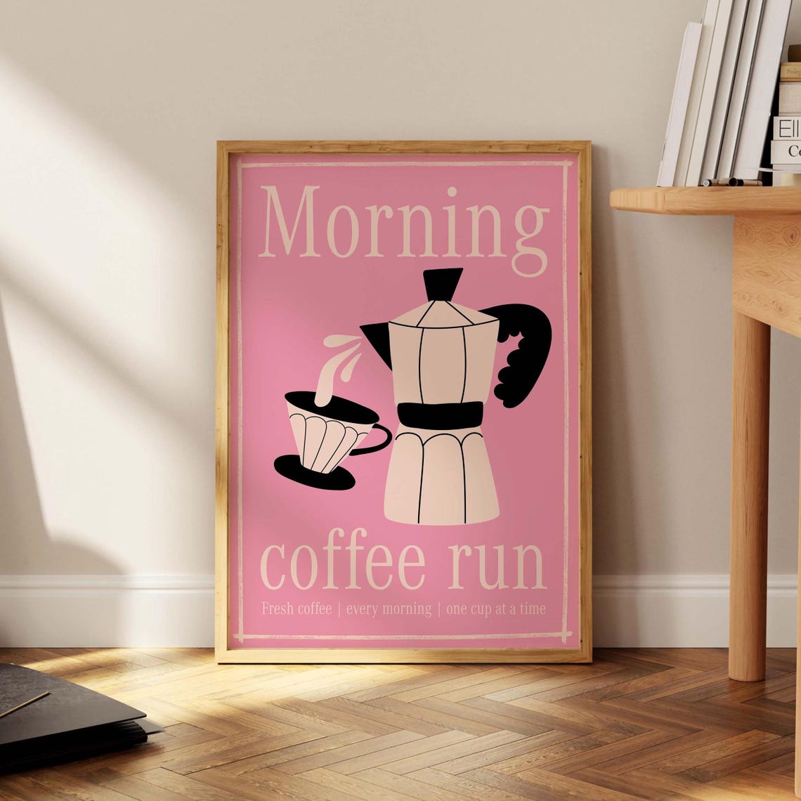 Morning Coffee Run Pink Poster Retro Moka Pot Kitchen Wall Decor