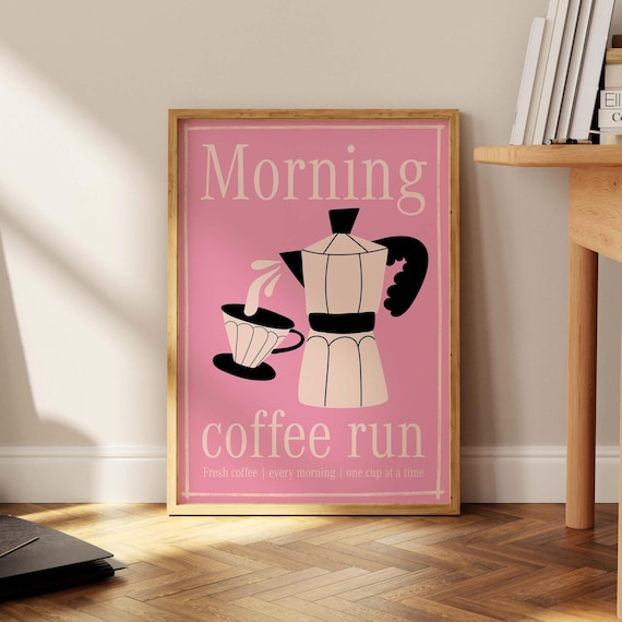 Morning Coffee Run Pink Poster Retro Moka Pot Kitchen Wall Decor