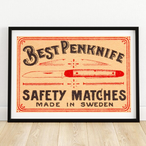 Antique Swedish Matchbox Label Art Vintage Penknife Design Collectible Scandinavian Decor Unique Wall Art Gift Idea A4