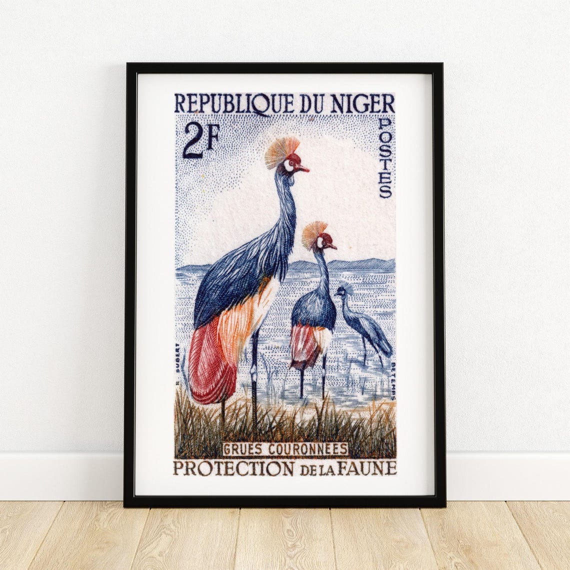 Niger Crowned Cranes Wildlife Protection Vintage Stamp Art Poster