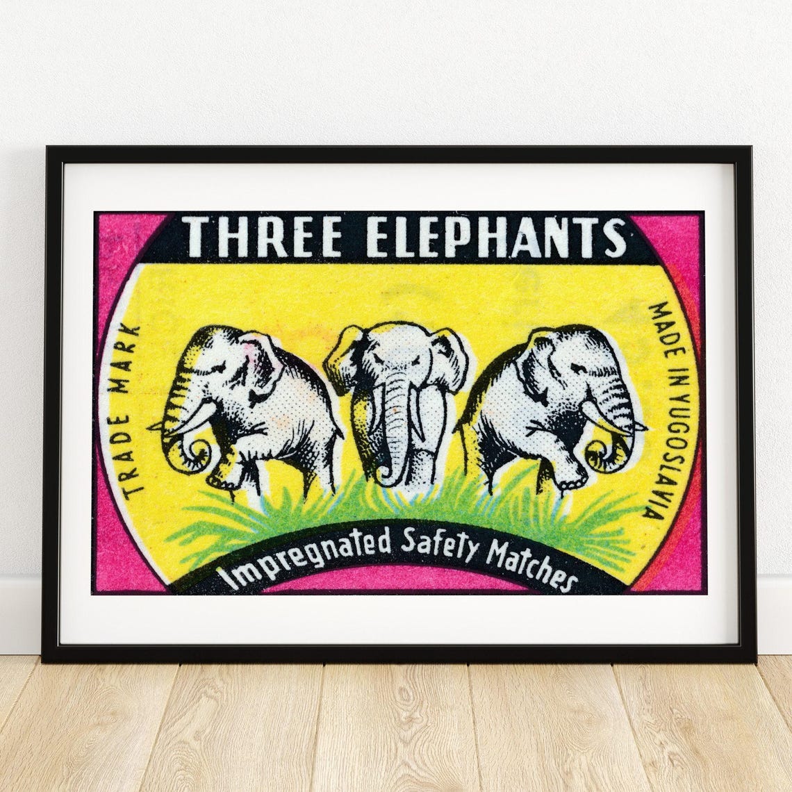 Three Elephants Vintage Yugoslavian Safety Matches Label Art Poster
