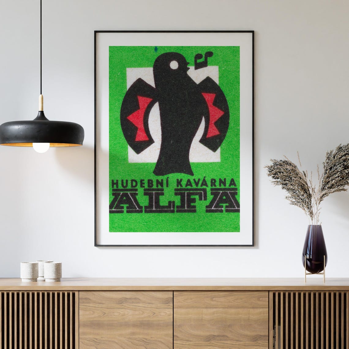 Hudebni Kavarna Alfa Singing Bird Vintage Matchbox Label Poster - Image 4