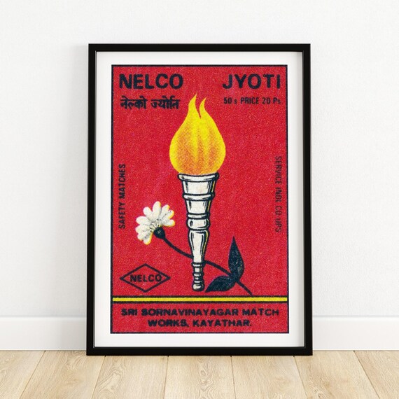 Flaming Torch Matchbox Print India Wall Art Vintage India Art Matchbox Wall Poster Vintage Poster Print
