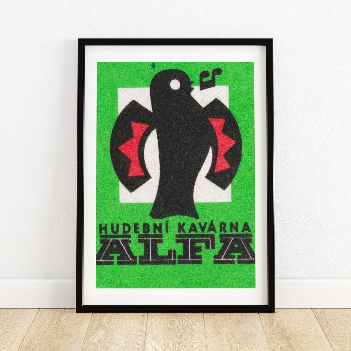 Hudebni Kavarna Alfa Singing Bird Vintage Matchbox Label Poster
