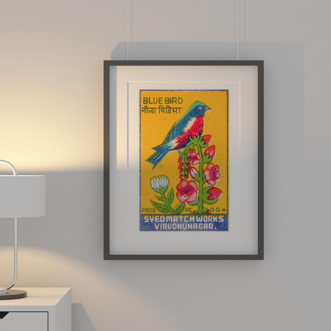 Blue Bird Flower Branch Indian Matchbox Label Vintage Bird Art Poster - Image 2