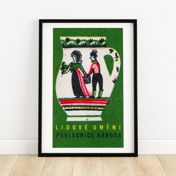 Green Folk Jug Design Matchbox Print Czech Wall Art Vintage Czech Art Matchbox Wall Poster Vintage Poster Print