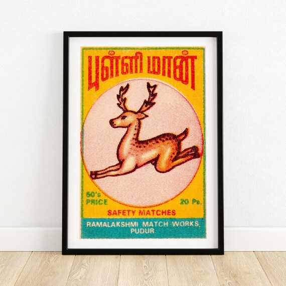 Spotted Deer Leaping Tamil Indian Safety Matches Label Art Poster