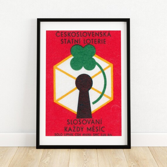 Czechoslovak State Lottery Lucky Clover Vintage Matchbox Poster