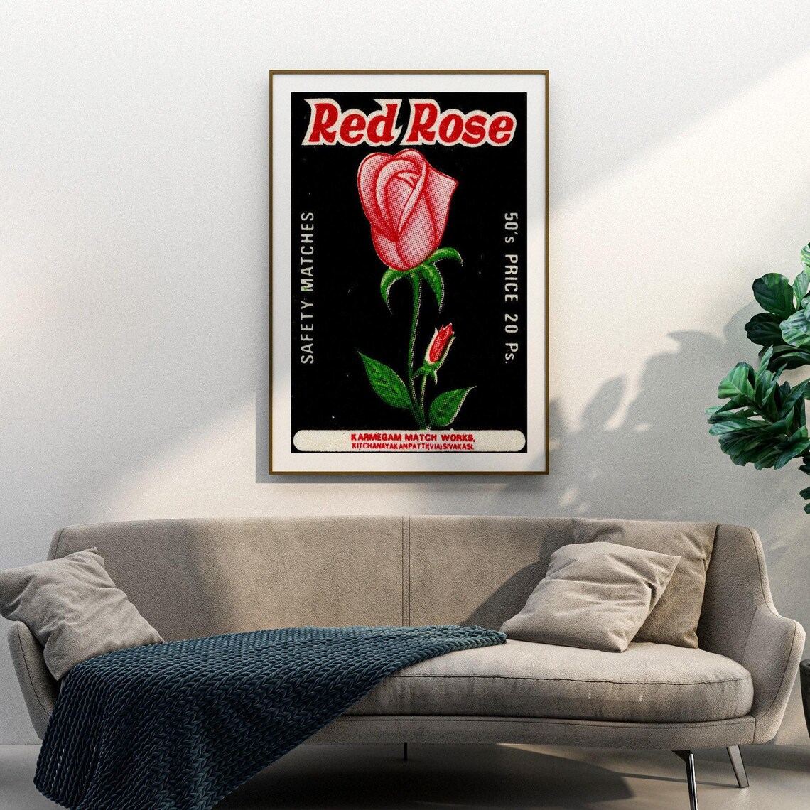 Red Rose Indian Safety Matches Vintage Floral Matchbox Poster - Image 3